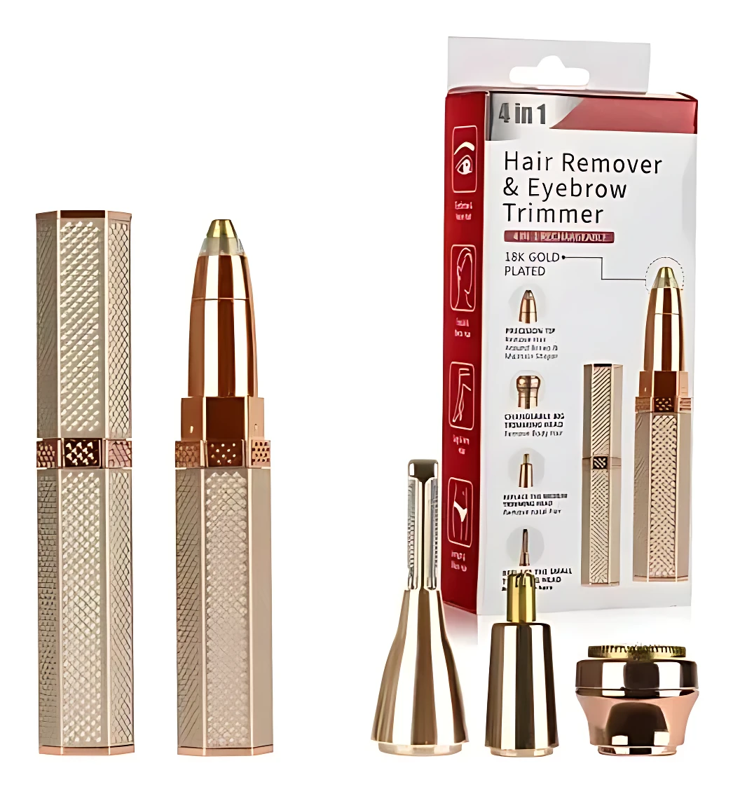 Aparato de afeitado recargable en tono dorado con cuatro cabezales intercambiables para cejas, perfilado y vello corporal, acompañado de su estuche de transporte.