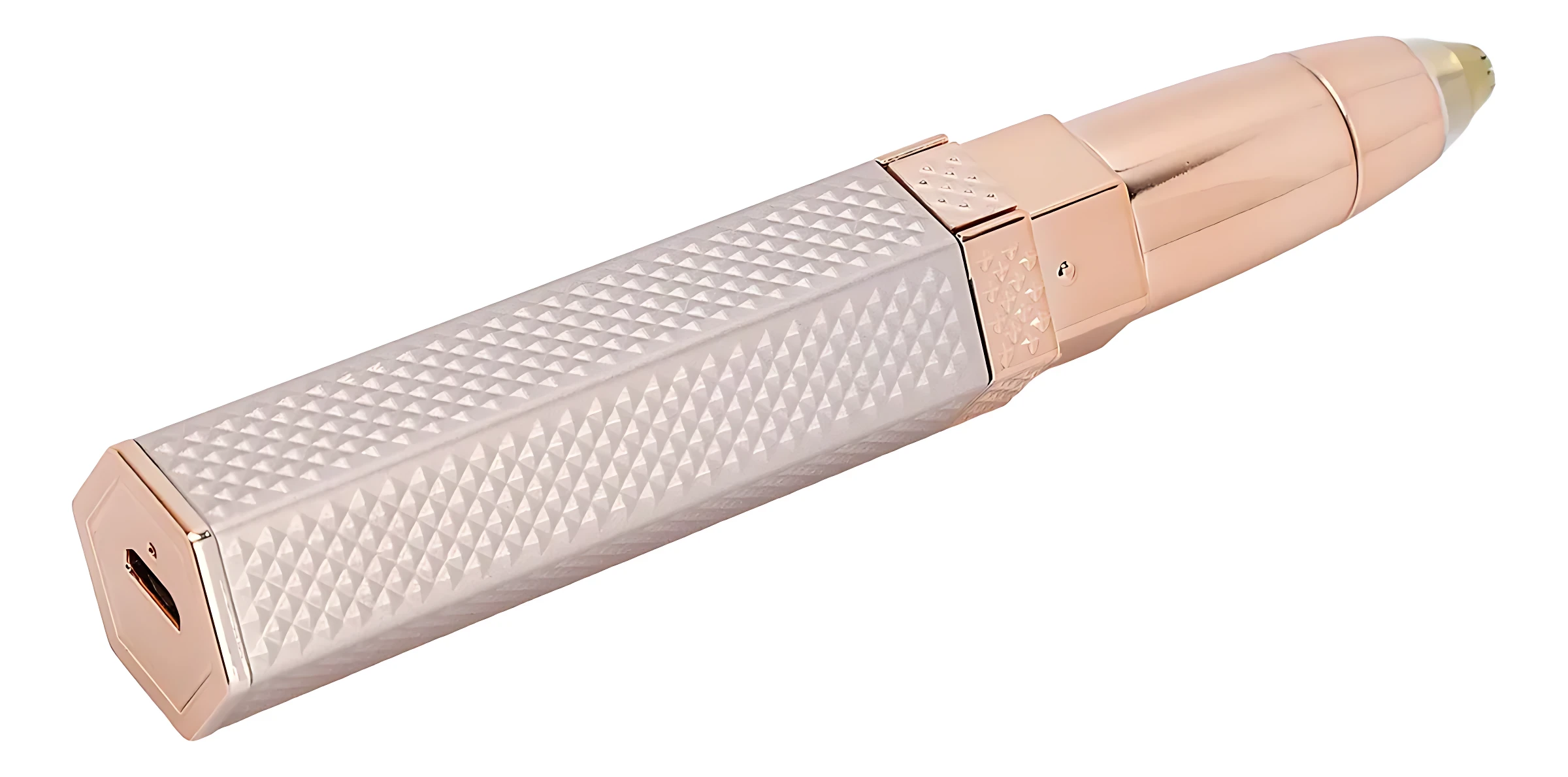 Trimer recargable en rosa dorado con textura de diamantes, cabezales intercambiables para perfilado de cejas, barba y vello corporal.