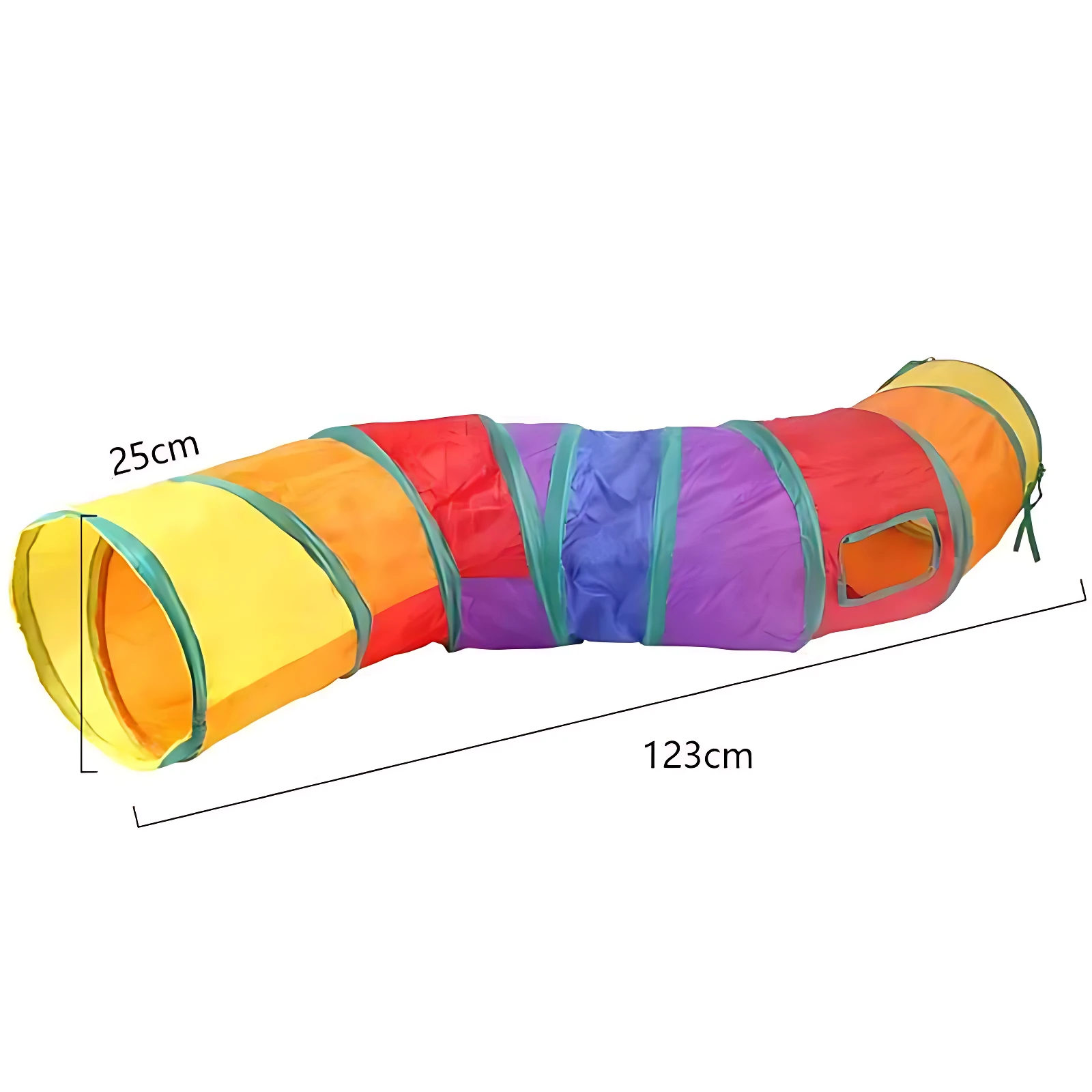 Túnel para gatos de 123 cm de largo, con paneles en colores amarillo, naranja, rojo, azul y morado, y una ventana rectangular en el extremo derecho.