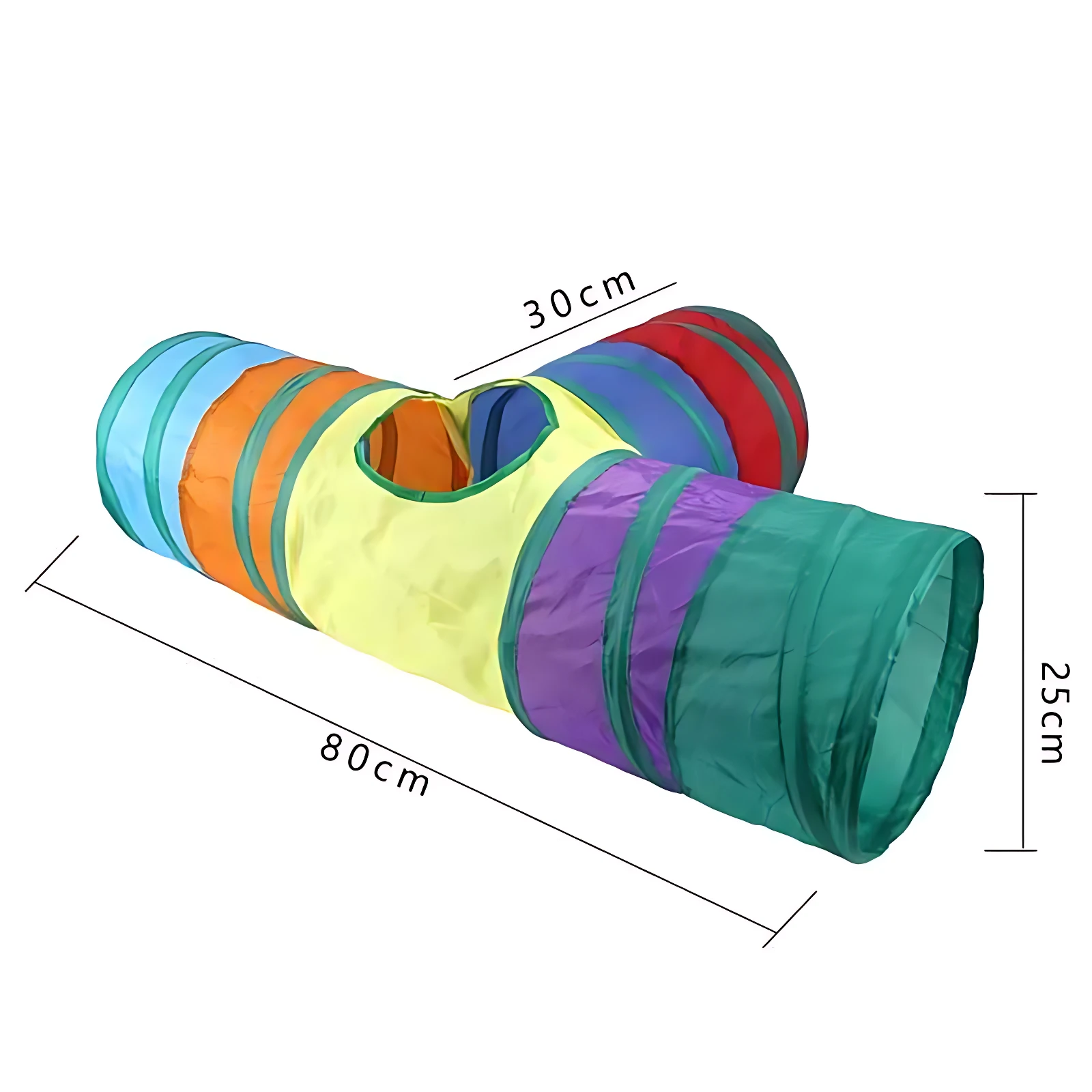 Túnel para gatos de tela con marco de acero, diseño en forma de T con tres colores principales: amarillo, morado y verde. Mide 80 cm de largo, 30 cm de ancho y 25 cm de alto. Ideal para ejercicio y diversión segura.