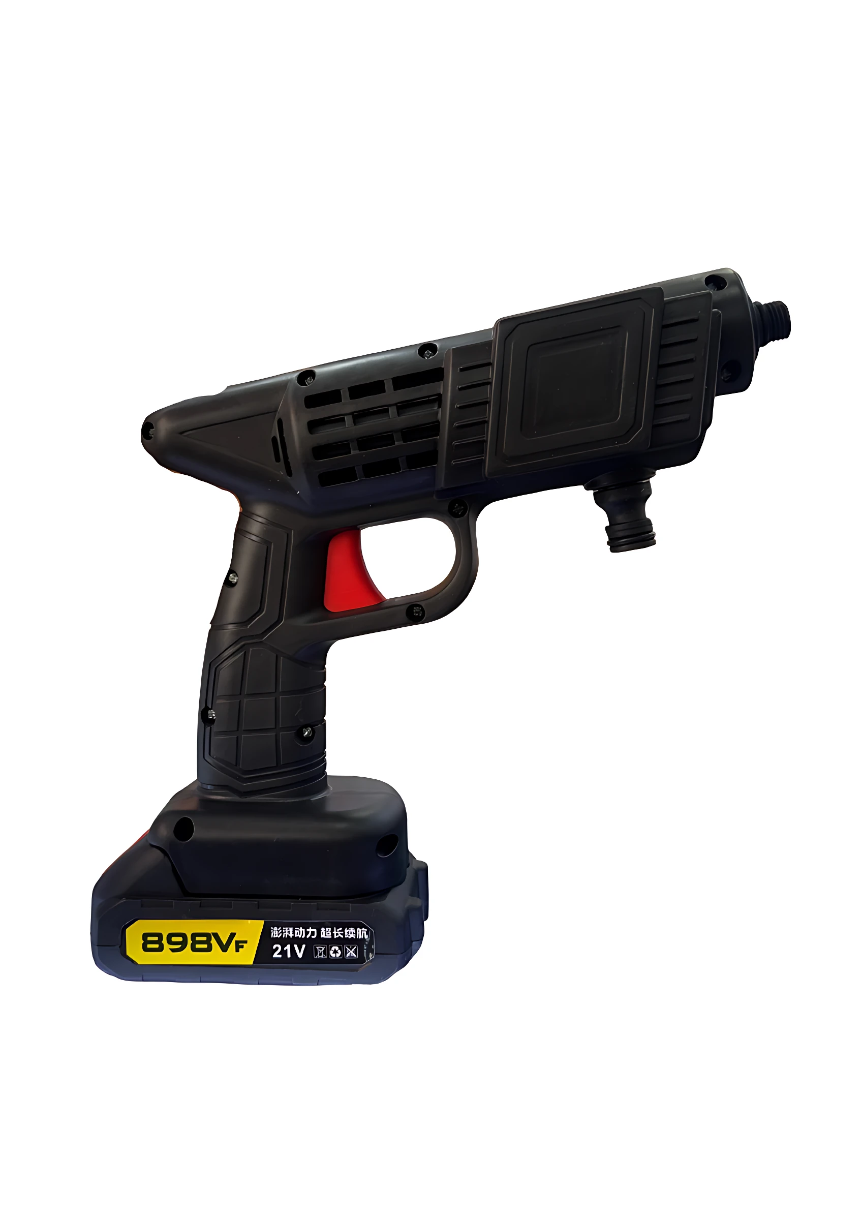 Va Hidro lavadora de alta presión en color negro con detalles rojos, equipada con batería de 21V y mango ergonómico para limpieza de herramientas.