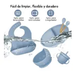 Vajilla de silicona azul para bebés con ventosa antideslizante, incluye plato, taza, cubiertos y babero; apta para lavavajillas, microondas y congelador.