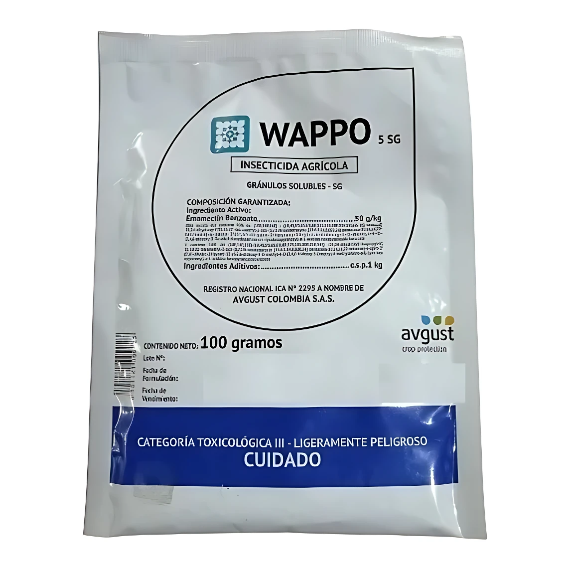 Paquete blanco de 100 gramos de Wappo 5 SG, insecticida agrícola en gránulos solubles. Etiqueta con composición garantizada, ingredientes activos y registro nacional. Incluye advertencia de toxicología III y logotipo de Avgust Crop Protection.