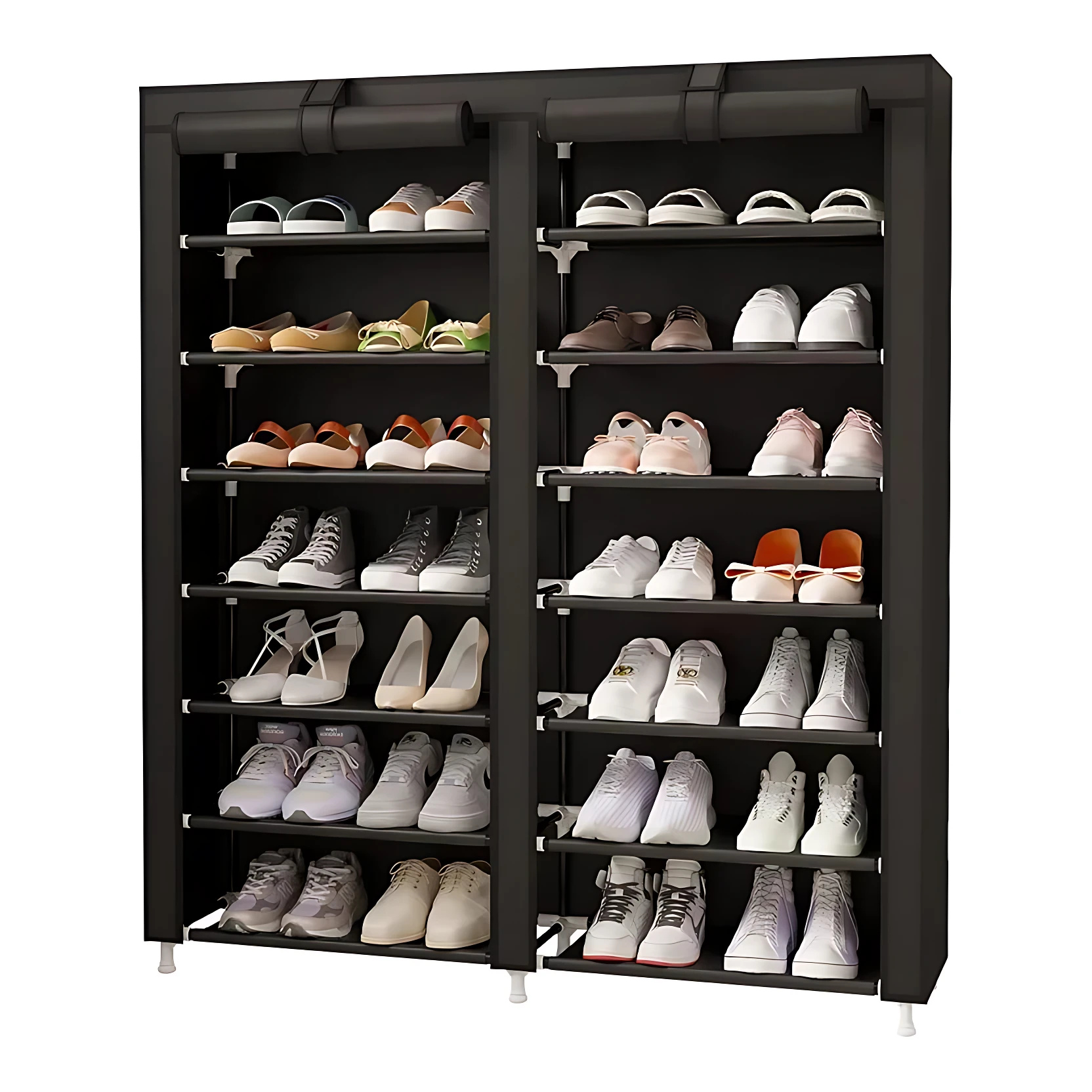 Zapatero vertical negro con 10 niveles y doble columna, mostrando variedad de calzado organizado.