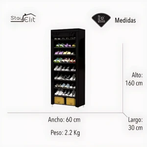 Zapatero de tela negro con 9 niveles, mostrando calzado y cajas amarillas en estantes inferiores; mide 160 cm de alto, 60 cm de ancho y 30 cm de largo.