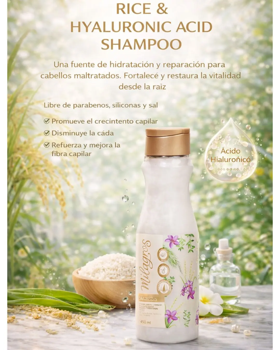 Shampoo de Agua de Arroz 450 Ml Milagros - Fortalece la hebra capilar y repara puntas abiertas