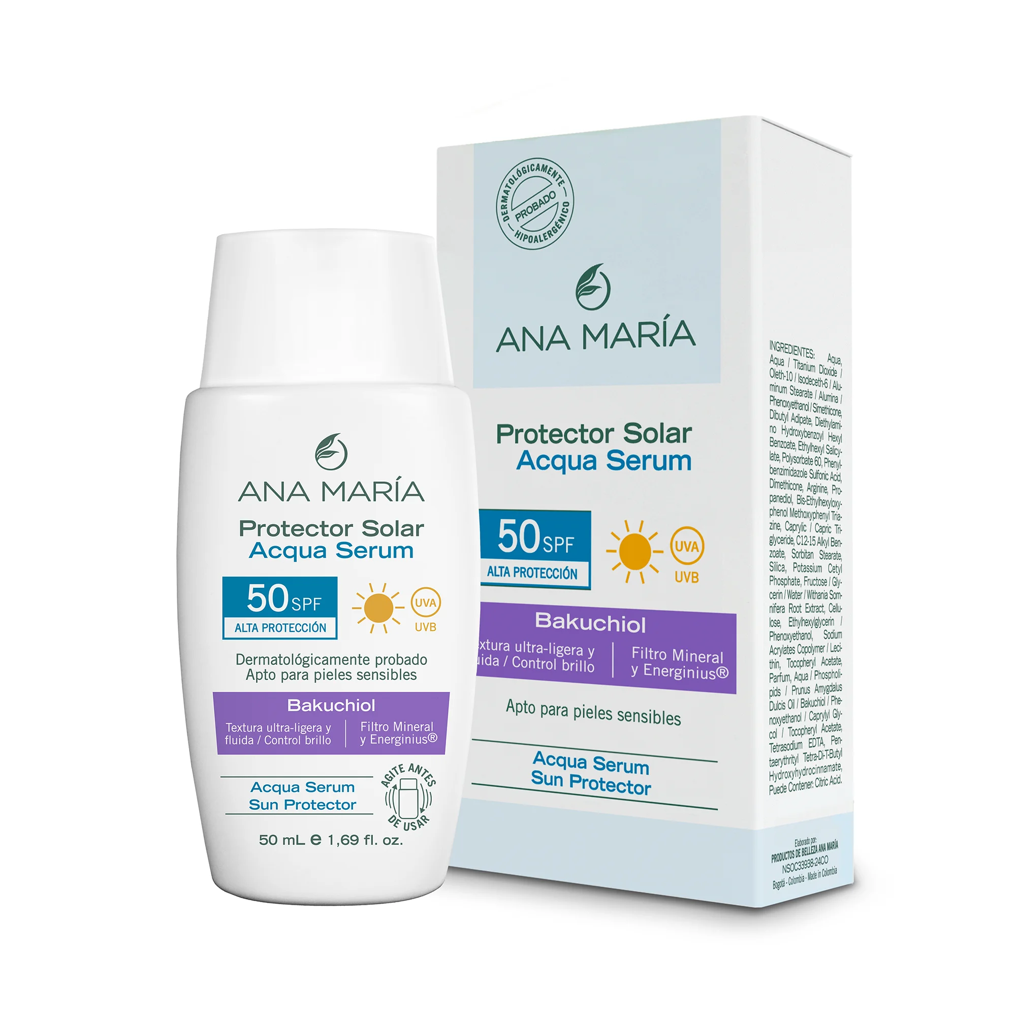 Protector Solar Facial Acqua Fluido SPF 50 Ana María - Absorbe al instante y cuida la piel