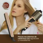 Set de plancha color arena y cepillo alisador negro con dorado, ambos con recubrimiento cerámico, keratina, aceite de argán, aguacate y macadamia.