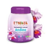 Tarro morado de 1000g de tratamiento capilar Andino Etniker para cabellos teñidos y decolorados, con diseño de orquídeas.