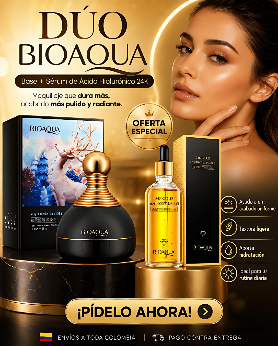 Set x2 Base Cojín Bioaqua con Serum Facial Oro 24K - Cubre imperfecciones e hidrata la piel