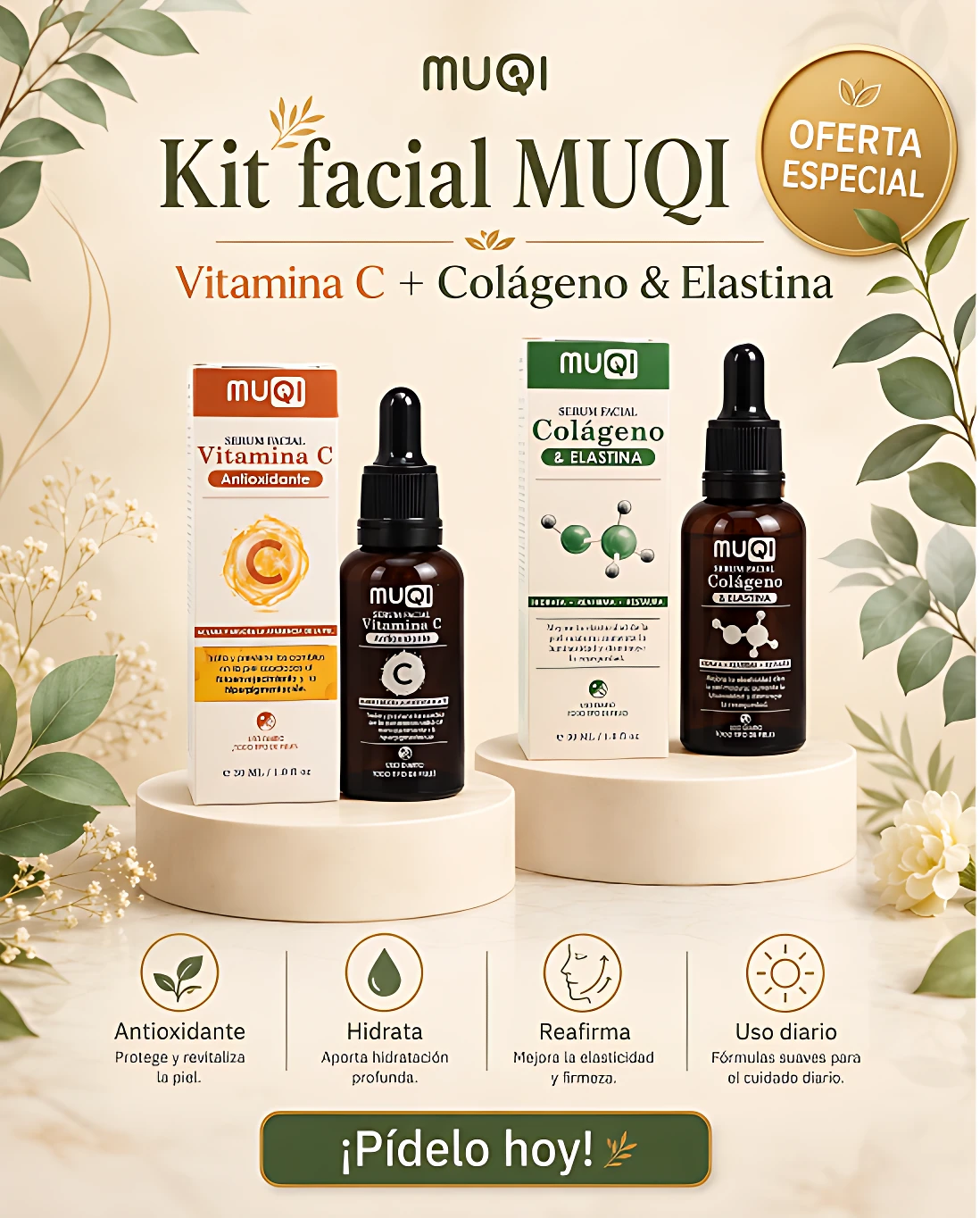 Set x2 Serum Facial de Colágeno y Vitamina C Muqi - Reafirma el rostro y atenúa manchas