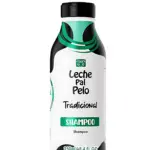 Shampoo Leche Pal Pelo Tradicional de 250 ml con diseño en blanco, negro y verde turquesa.