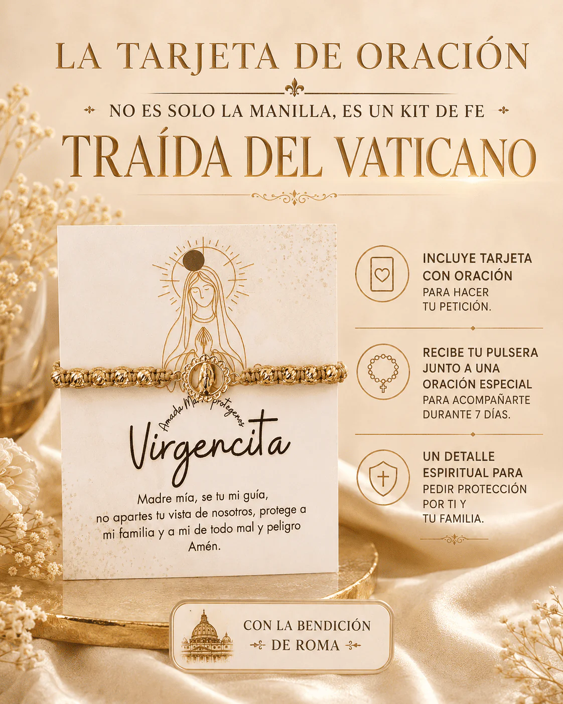 Pulsera Virgencita Milagrosa de acero dorado y hilo - Lleva protección y esperanza contigo diariamente
