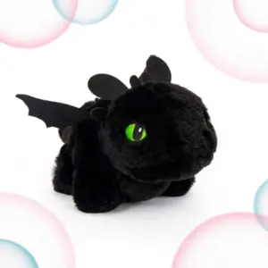 Manilla de peluche negro de Chimuelo con alas de fieltro, ojos verdes bordados y diseño ajustable para la muñeca.
