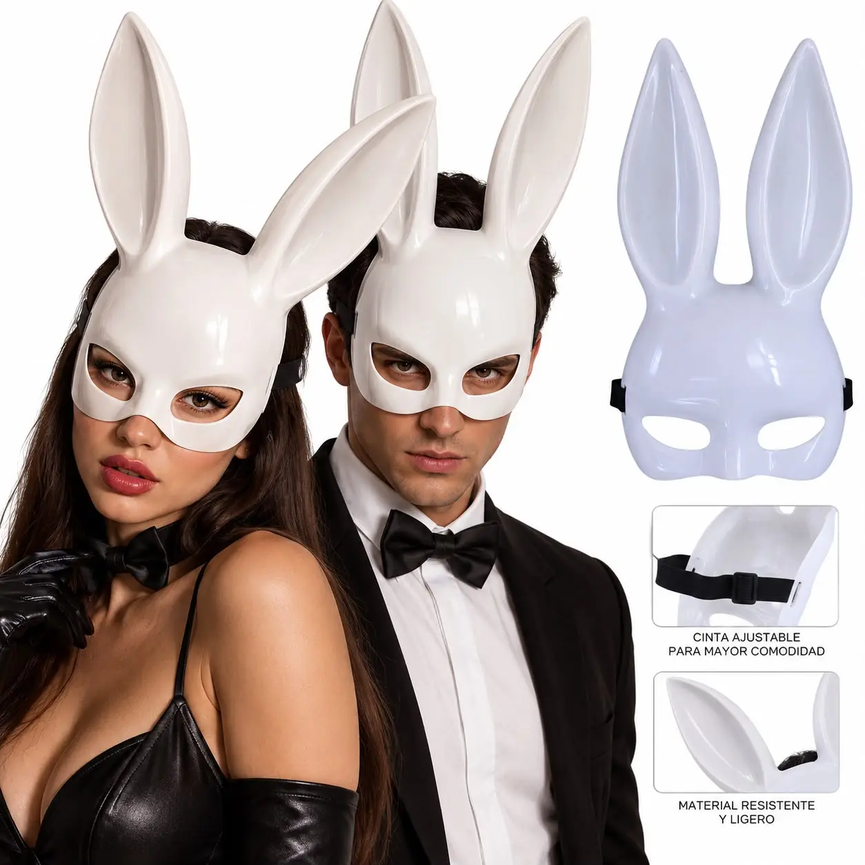 Máscara de conejo blanca minimalista con correa ajustable - Destaca en fiestas de disfraces y sesiones fotográficas