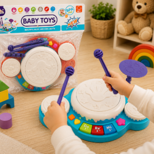 Batería didáctica infantil azul con luces y sonidos, incluye baquetas moradas y botones musicales, presentada en empaque plástico junto a bloques de madera.