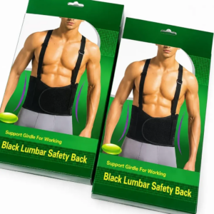 Dos empaques verdes de faja chaleco protector lumbar negra con correas ajustables, con de modelo masculino usando el producto.
