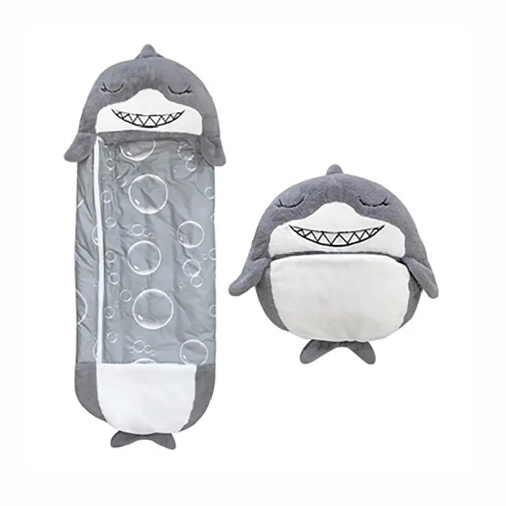 Bolsa de dormir infantil gris en forma de tiburón con diseño de burbujas, convertible en almohada redonda y afelpada.