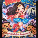 Bolsa de tela azul con cordón para Halloween infantil, diseño frontal de superheroína chibi, calabazas y caramelos, estilo colorido y brillante