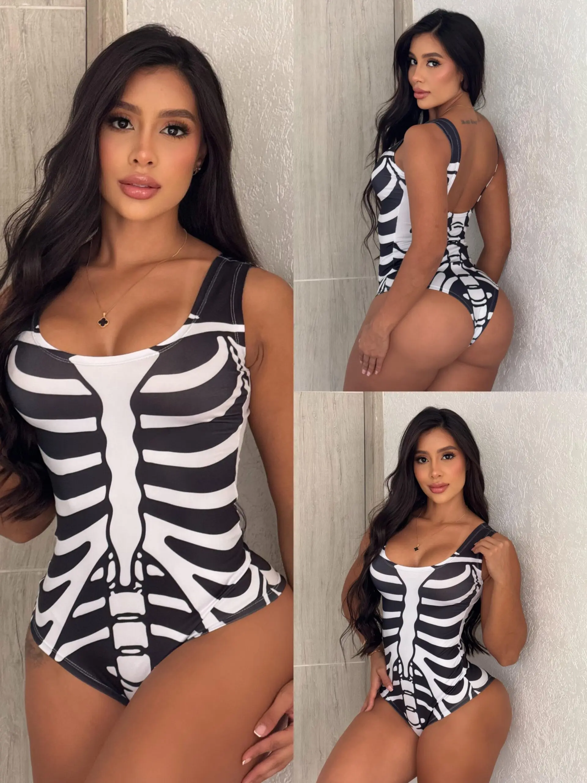 Body ajustado negro con estampado de esqueleto blanco para mujer, en tres tomas: frontal, posterior y de cuerpo entero contra una pared clara.