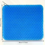 Cojín ergonómico de gel azul con diseño de panal, dimensiones de 40x35x2.5 cm, vista superior.