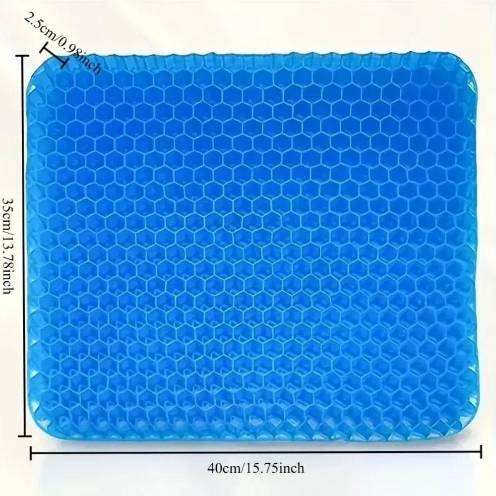 Cojín ergonómico de gel azul con diseño de panal, dimensiones de 40x35x2.5 cm, vista superior.