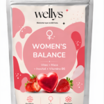 Bolsa plateada de 120 gomitas Wellys Women's Balance sabor fresa. Empaque rosado con diseño de fresas para el equilibrio hormonal femenino.
