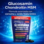 Bolsa azul de Glucosamin Chondroitin MSM con cúrcuma y ácido hialurónico, 100 cápsulas blandas negras para movilidad y salud articular.