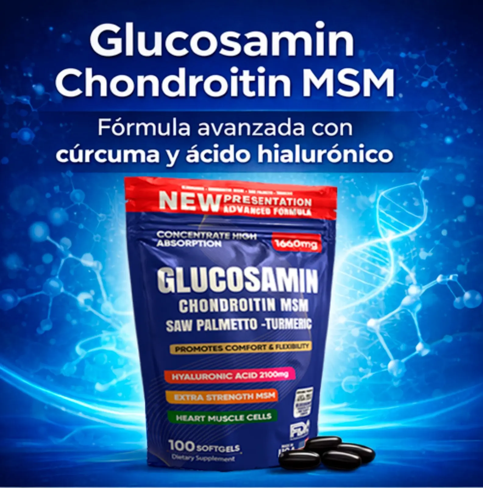 Bolsa azul de Glucosamin Chondroitin MSM con cúrcuma y ácido hialurónico, 100 cápsulas blandas negras para movilidad y salud articular.