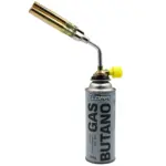 Soplete industrial metálico dorado con tres boquillas, conectado a un cartucho de gas butano gris Floppi de 250 g con perilla amarilla.