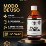 Frasco ámbar de plata coloidal 500 ml con tapa blanca sobre plataforma circular, mostrando instrucciones de uso y diseño oficial Doctor Rojas.