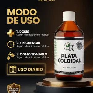 Frasco ámbar de plata coloidal 500 ml con tapa blanca sobre plataforma circular, mostrando instrucciones de uso y diseño oficial Doctor Rojas.