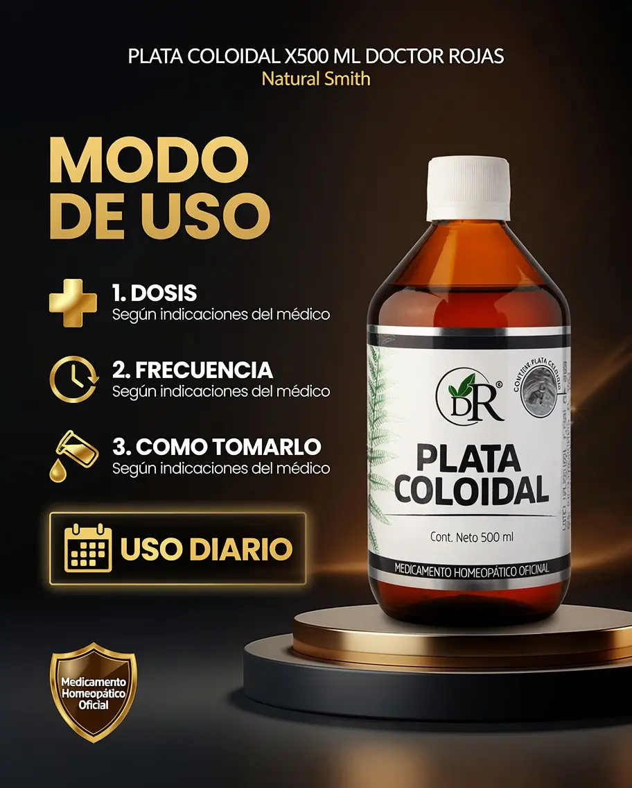 Frasco ámbar de plata coloidal 500 ml con tapa blanca sobre plataforma circular, mostrando instrucciones de uso y diseño oficial Doctor Rojas.