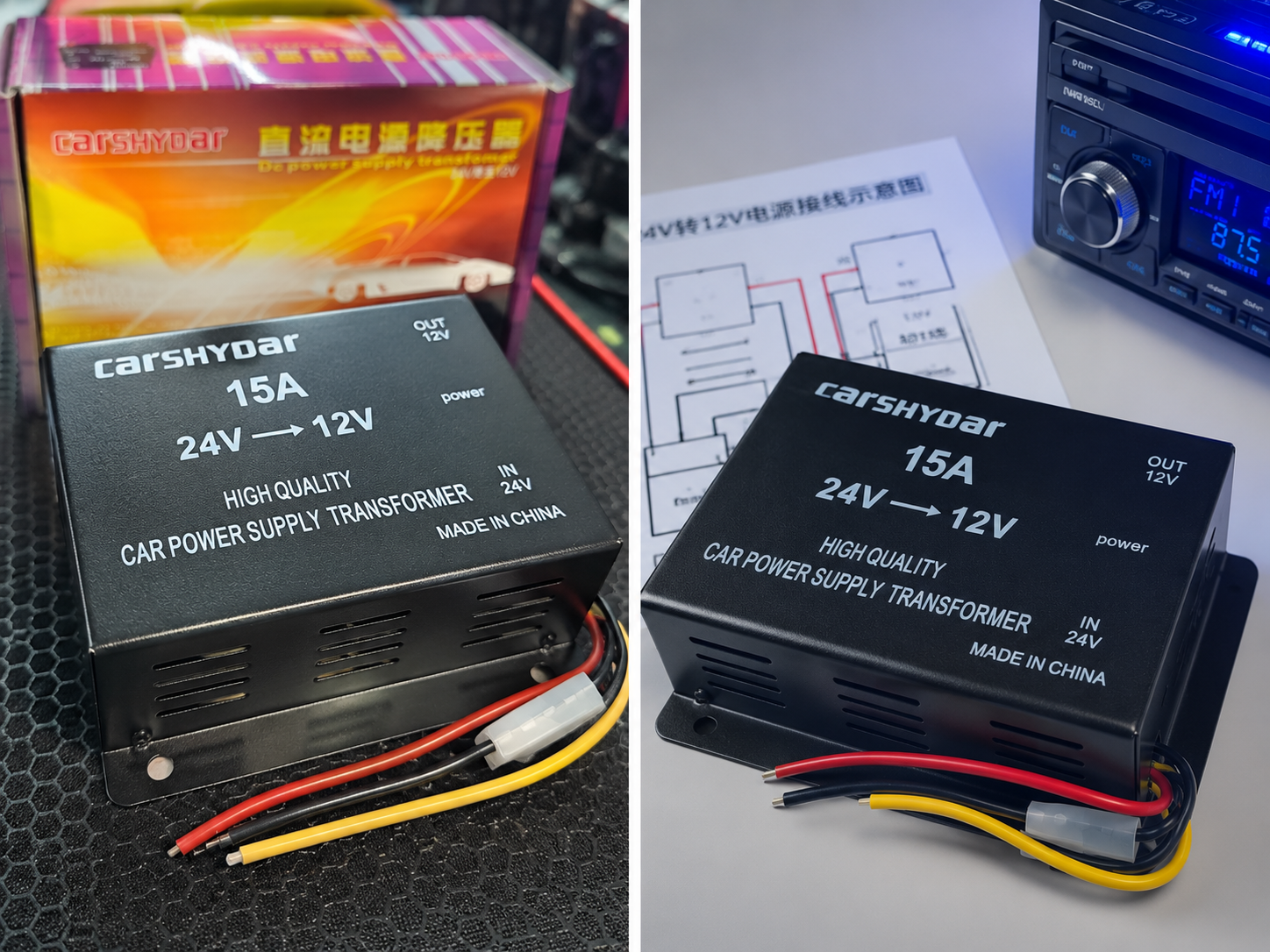 Convertidor negro de voltaje de 24V a 12V 15A con su caja, manual y radio instalado sobre una superficie.
