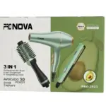 Set Pronova 3 en 1 verde aguacate con secador, plancha y cepillo alisador, modelo PRO-2523, en empaque con de aguacate.