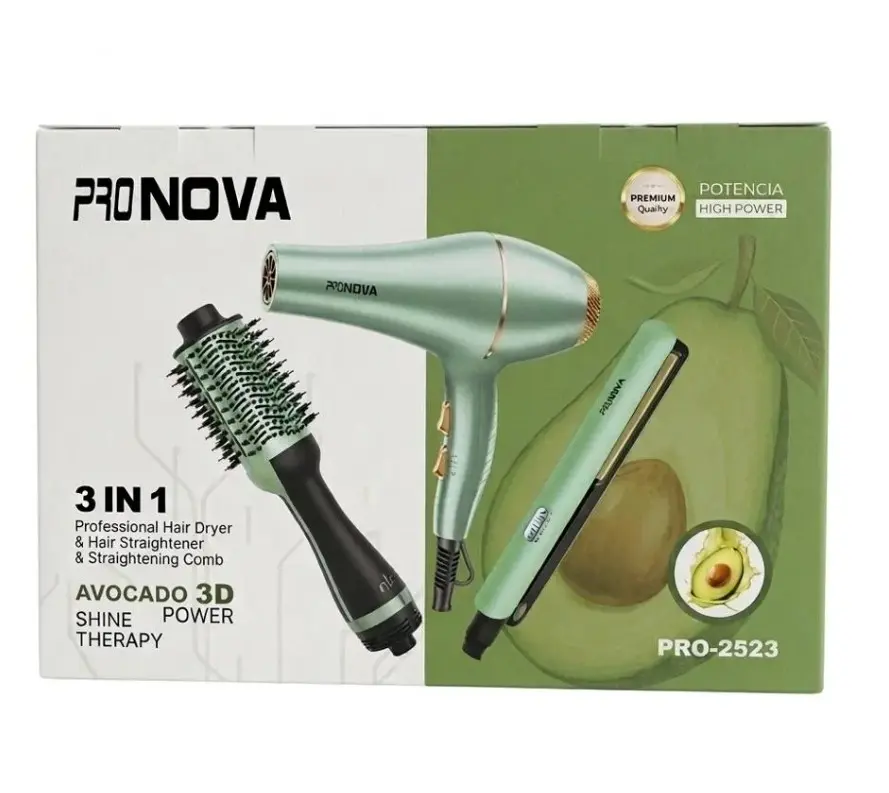 Set Pronova 3 en 1 verde aguacate con secador, plancha y cepillo alisador, modelo PRO-2523, en empaque con de aguacate.