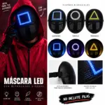 Máscara LED de el Juego del Calamar con luz geométrica ajustable - Destaca en fiestas de disfraces y Halloween con iluminación brillante - Imagen 3