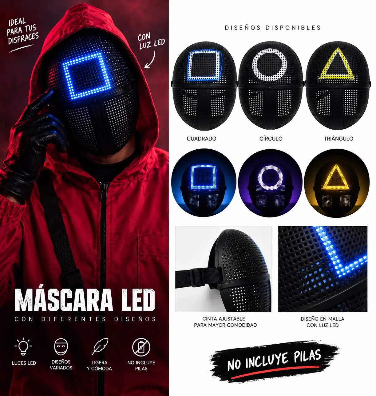 Máscara LED de el Juego del Calamar con luz geométrica ajustable - Destaca en fiestas de disfraces y Halloween con iluminación brillante