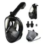 Kit de máscara de buceo facial completa negra con snorkel, soporte para cámara, tapones para oídos y bolsa de malla.