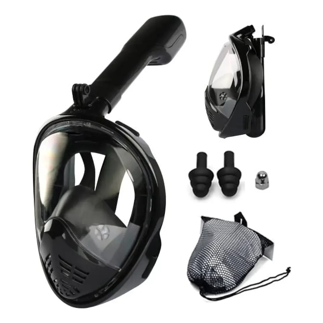 Kit de máscara de buceo facial completa negra con snorkel, soporte para cámara, tapones para oídos y bolsa de malla.
