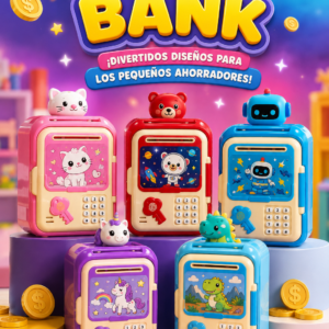 Alcancía digital infantil con clave secreta y forma de caja fuerte. Disponible en varios colores con diseños de animales y robots para fomentar el ahorro.