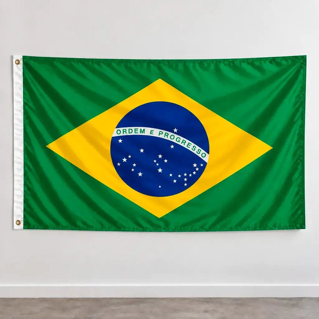 Bandera de Brasil de poliéster 150x90 cm con ojales metálicos, colgada en una pared blanca para exterior y eventos deportivos.