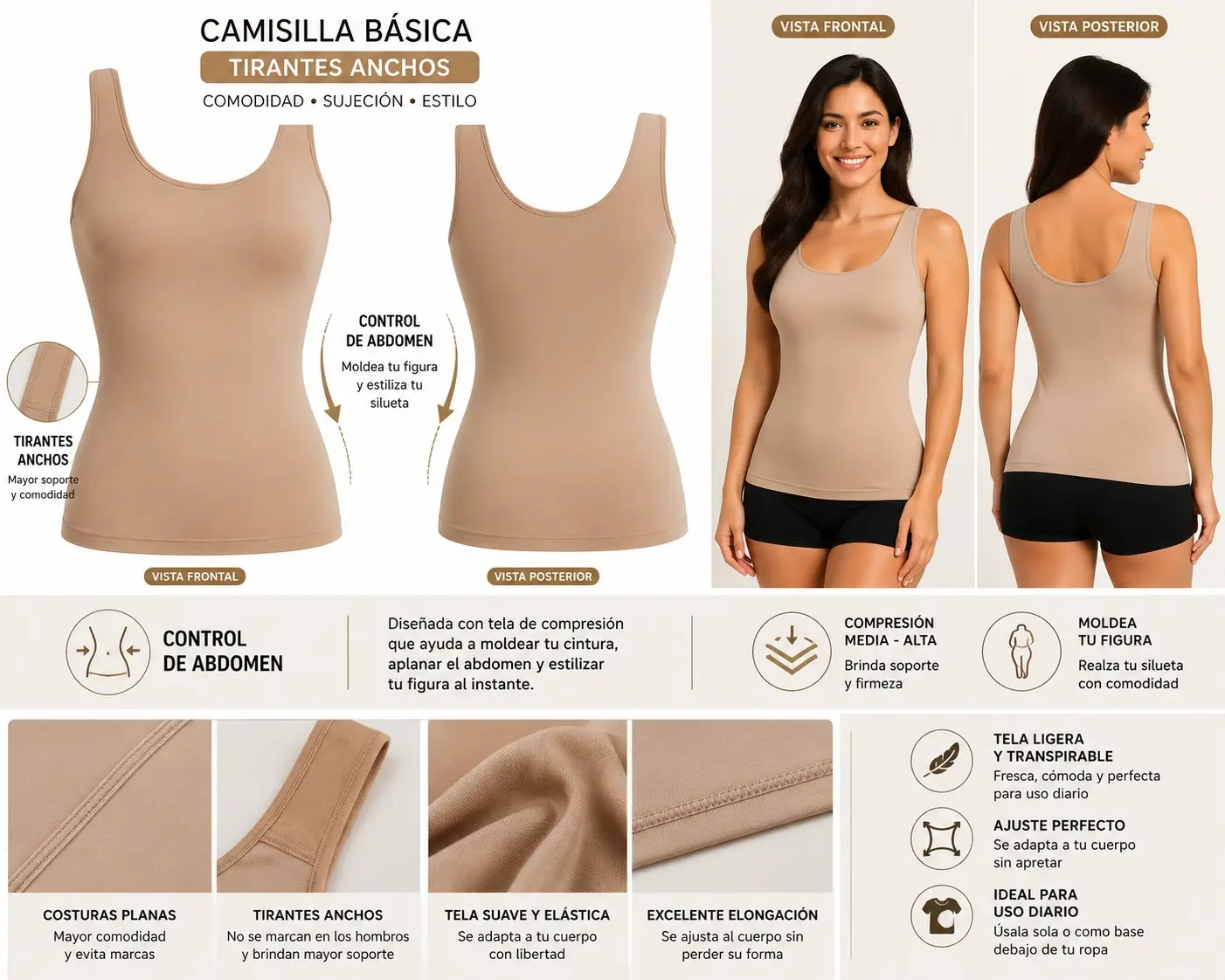 Modelo femenina vistiendo la camisilla moldeadora de tirantes anchos mostrando ajuste lumbar