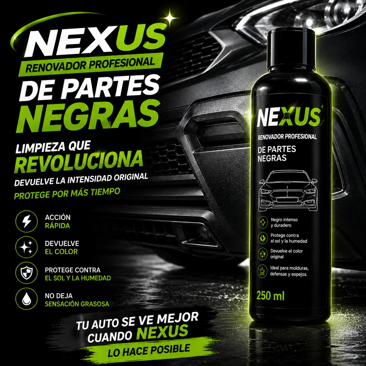 Botella negra de 250 ml de renovador de partes para autos Nexus sobre superficie brillante junto a la parrilla frontal de un vehículo.
