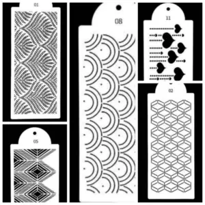 Set de cinco láminas de repostería con patrones de ondas, corazones, cubos y diseños geométricos para decorar pasteles y galletas.