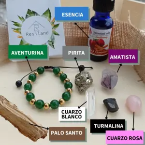 Kit energético 8 en 1 con pulsera de aventurina verde, cristales de pirita, amatista, cuarzo blanco, turmalina, cuarzo rosa, palo santo y esencia aromática.