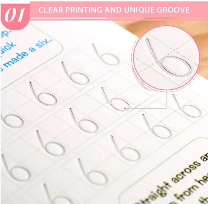 Detalle de cuaderno de práctica con surcos en relieve para trazar el número seis, mostrando la textura guía para caligrafía infantil.