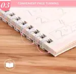 Primer plano de cuaderno de práctica con espiral metálica que facilita el paso de páginas, mostrando ejercicios matemáticos infantiles.