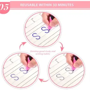 Mano practicando caligrafía con bolígrafo de agarre rosa en cuaderno reutilizable con tinta azul que desaparece en 30 minutos.
