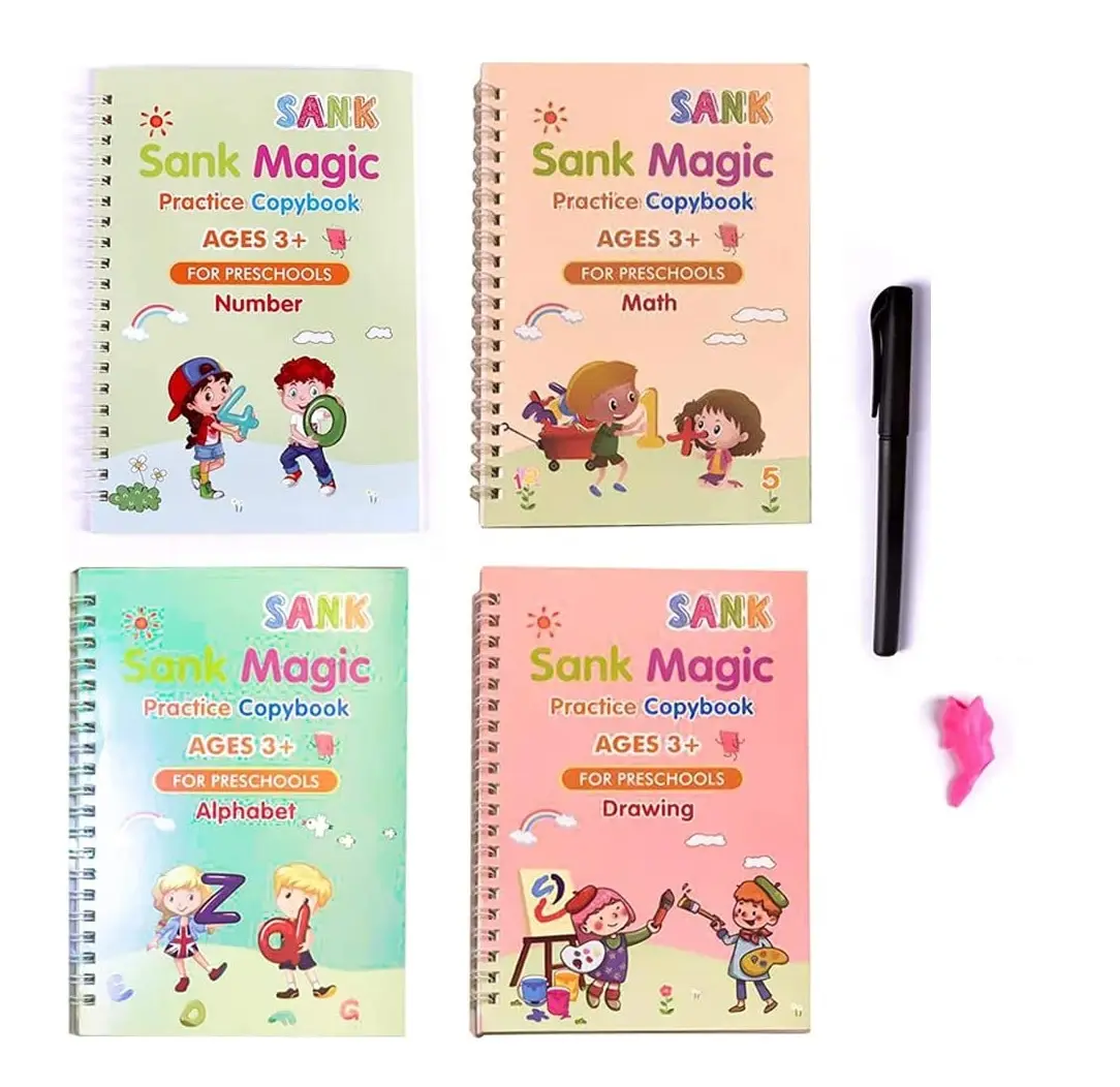 Set de cuatro cuadernos de práctica mágica reutilizables: números, matemáticas, alfabeto y dibujo, con bolígrafo negro y borrador rosa.